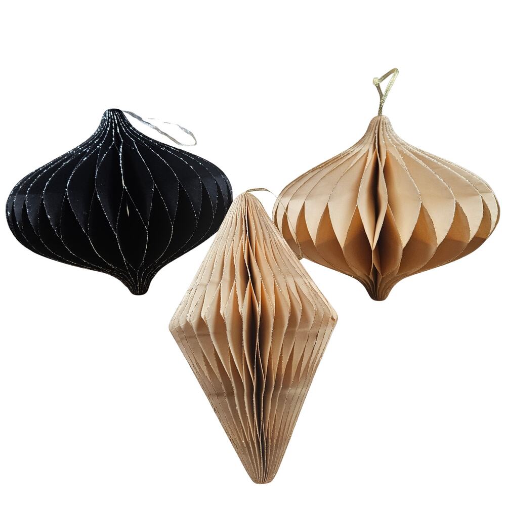 3 LARGE Accordion Paper Ornaments Black Glitter Edge Tan Hook/Loop Close